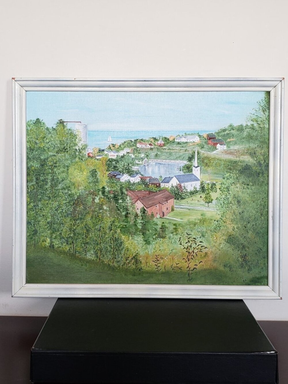 Naive Acrylic on board untitled "Idylic Lake Scene- Lake Erie/Lake Ontario" 1984